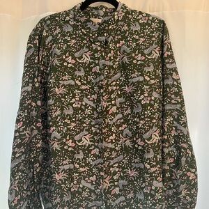 Silky green blouse with blue cheetah and floral print. Perfect condition.